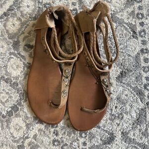 Jellypop Brown Braided T-Strap Sandals with Heart Accents